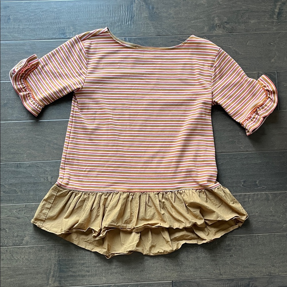 Maeve Pink Striped Ruffle Hem Blouse